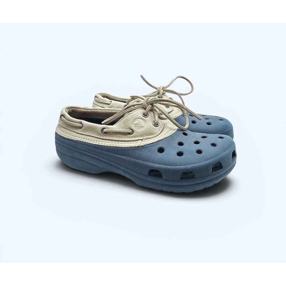 Crocs Islander Pitcrew Womens Size 9 Boat Shoes Navy Blue White Leather Lined